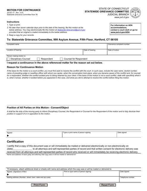 Form JD-GC-17 Motion for Continuance - Connecticut