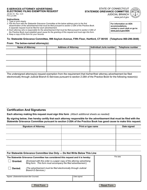 Form JD-GC-19 E-Services Attorney Advertising Electronic Filing Exemption Request - Connecticut