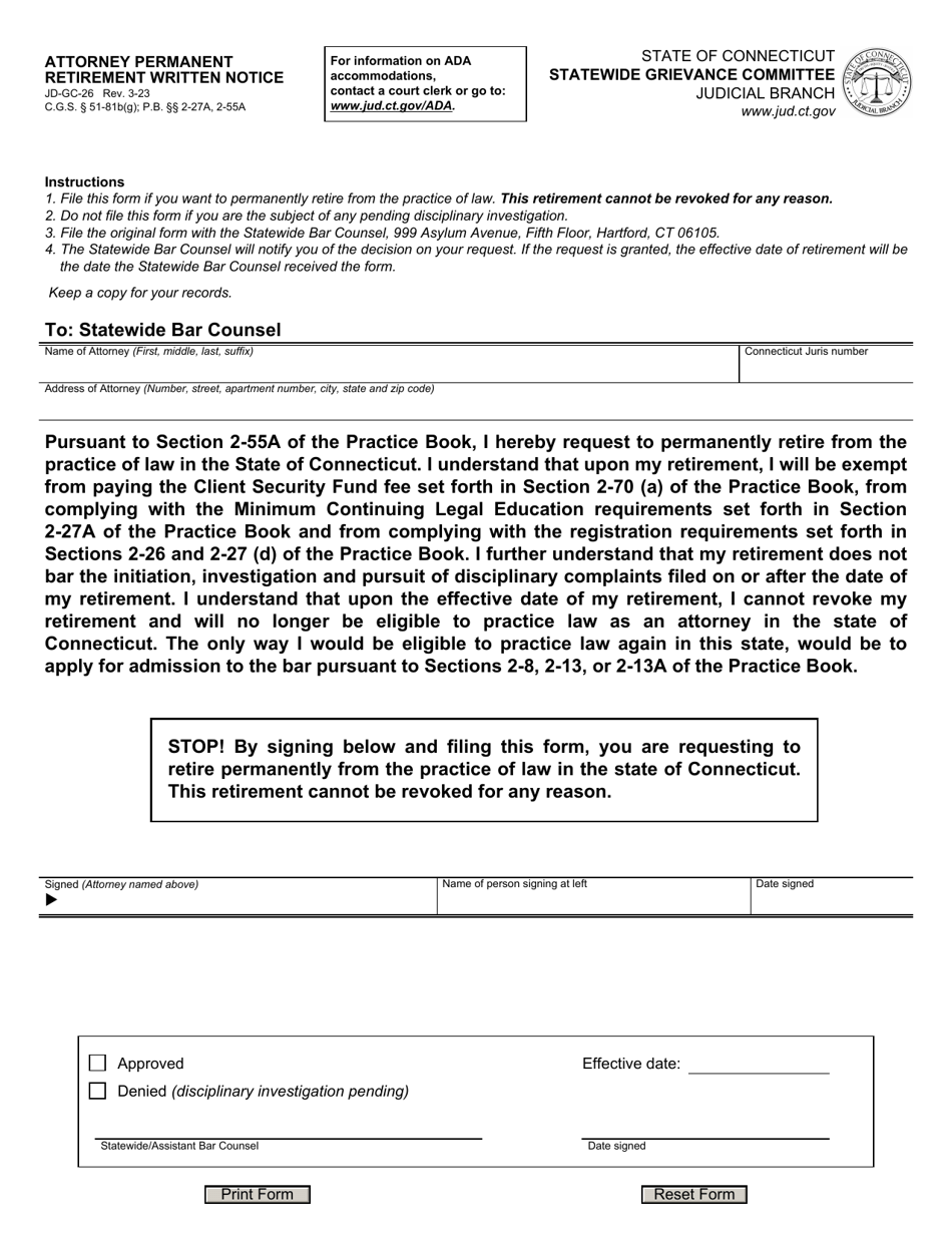 Form JD-GC-26 Attorney Permanent Retirement Written Notice - Connecticut, Page 1