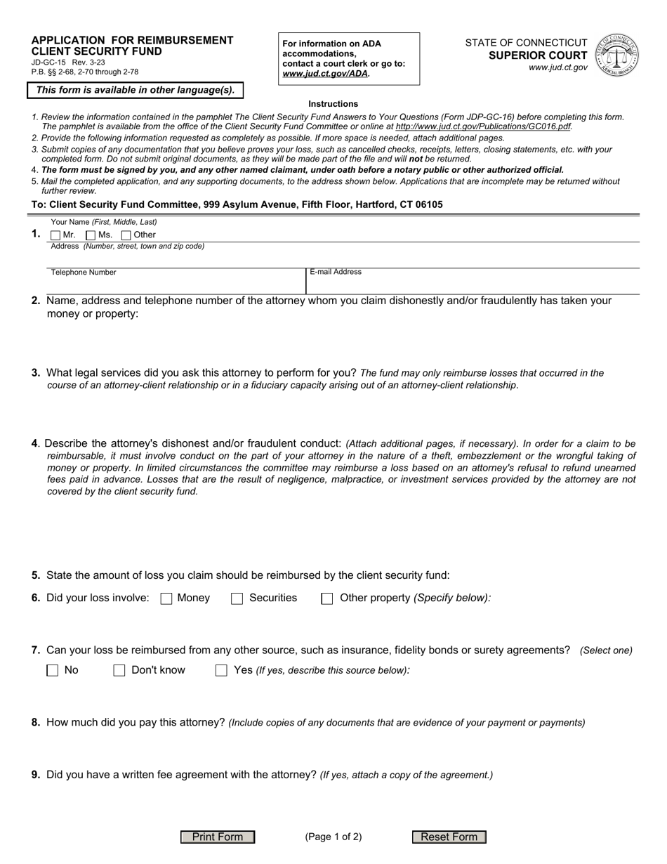 Form JD-GC-15 Application for Reimbursement Client Security Fund - Connecticut, Page 1