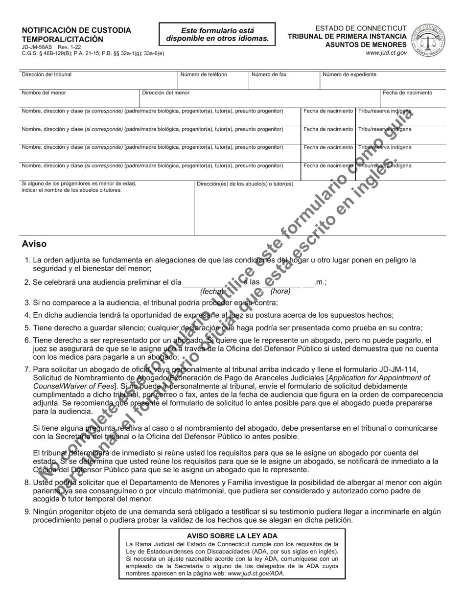 Formulario JD-JM-58AS Notificacion De Custodia Temporal / Citacion - Connecticut (Spanish), Page 1