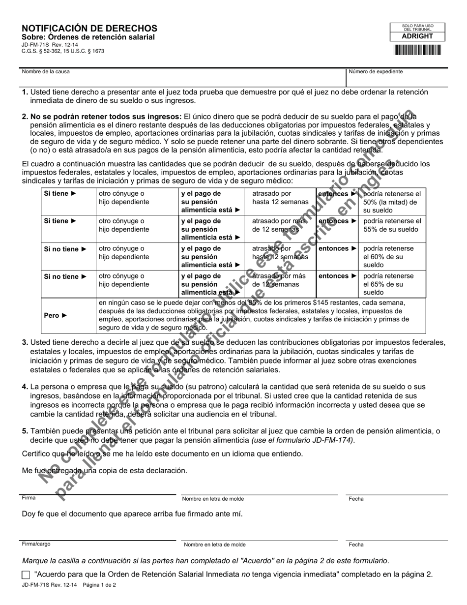 Formulario JD-FM-71S Notificacion De Derechos Sobre: Ordenes De Retencion Salarial - Connecticut (Spanish), Page 1