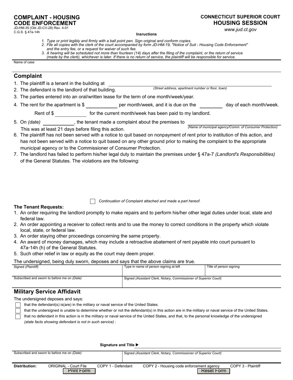 Form JD-HM-35 Complaint - Housing Code Enforcement - Connecticut, Page 1