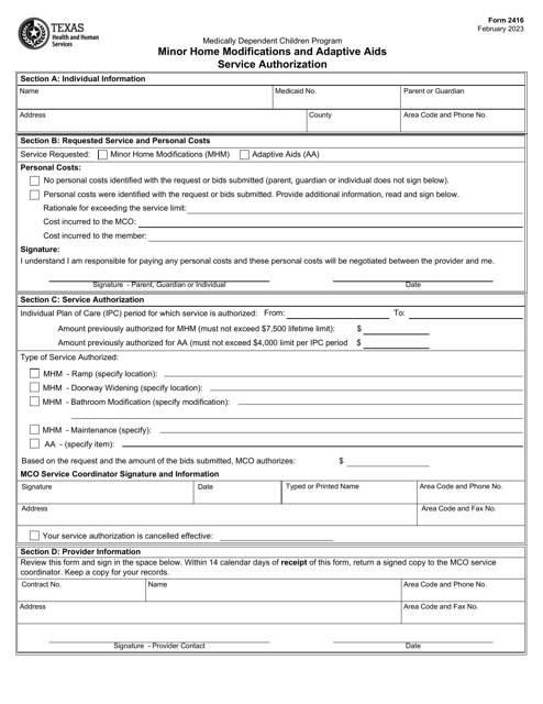 Form 2416 Minor Home Modifications and Adaptive AIDS Service Authorization - Medically Dependent Children Program - Texas