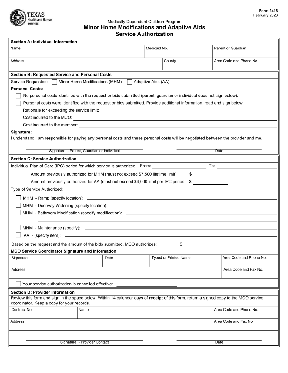 Form 2416 Minor Home Modifications and Adaptive AIDS Service Authorization - Medically Dependent Children Program - Texas, Page 1