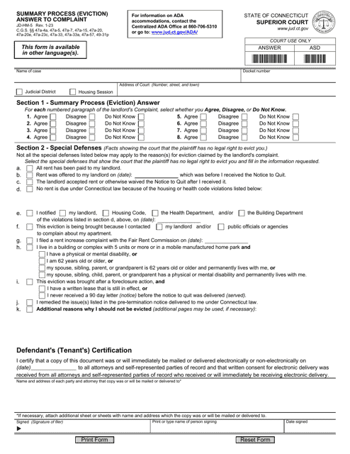 Form JD-HM-5 Summary Process (Eviction) Answer to Complaint - Connecticut