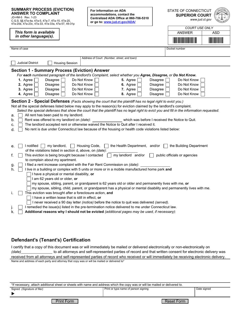 Form JD-HM-5 Summary Process (Eviction) Answer to Complaint - Connecticut, Page 1