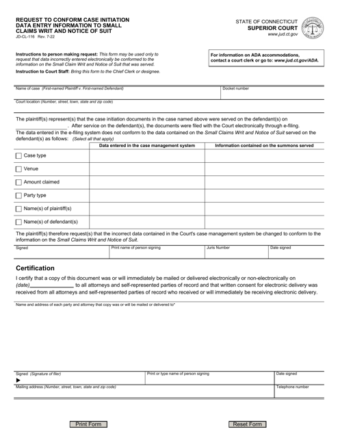 Form JD-CL-116 Request to Conform Case Initiation Data Entry Information to Small Claims Writ and Notice of Suit - Connecticut