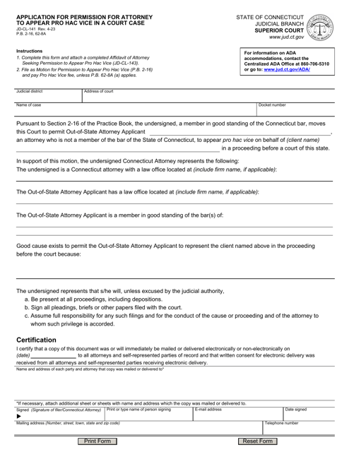 Form JD-CL-141 Application for Permission for Attorney to Appear Pro Hac Vice in a Court Case - Connecticut