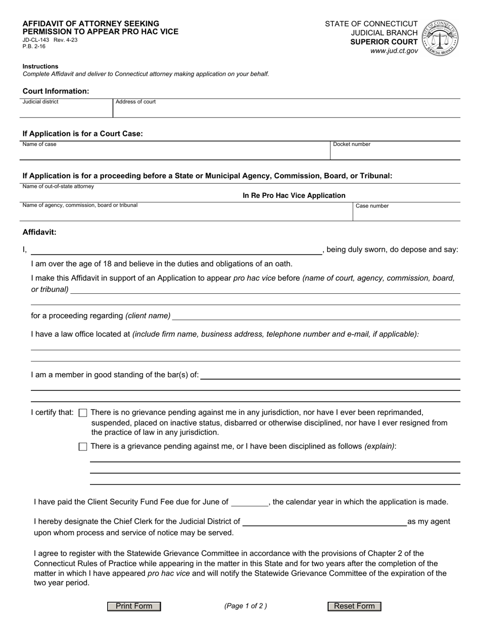 Form JD-CL-143 Affidavit of Attorney Seeking Permission to Appear Pro Hac Vice - Connecticut, Page 1