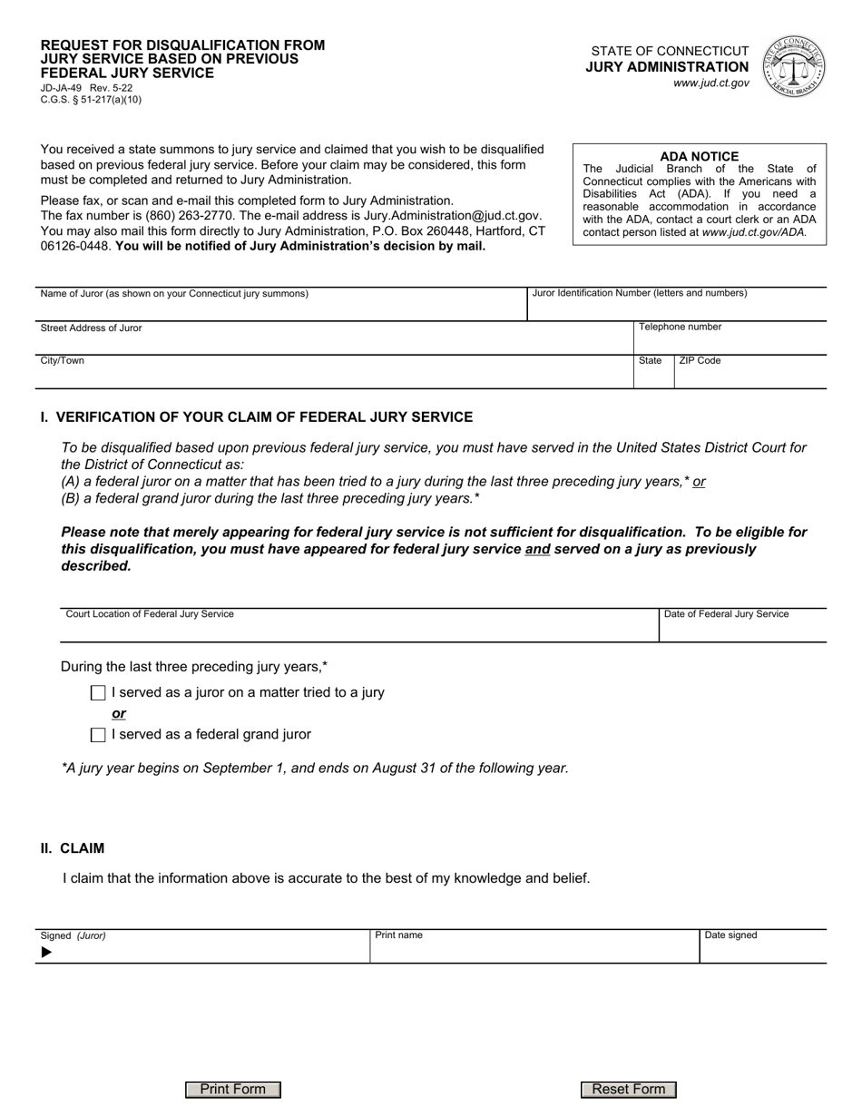 Form JD-JA-49 Request for Disqualification From Jury Service Based on Previous Federal Jury Service - Connecticut, Page 1