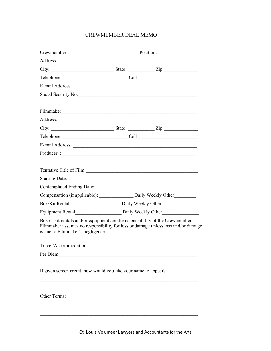 Crewmember Deal Memo Template - St. Louis Volunteer Lawyers and Accountants for the Arts