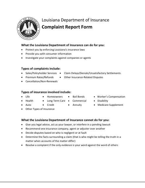 Complaint Report Form - Louisiana Download Pdf