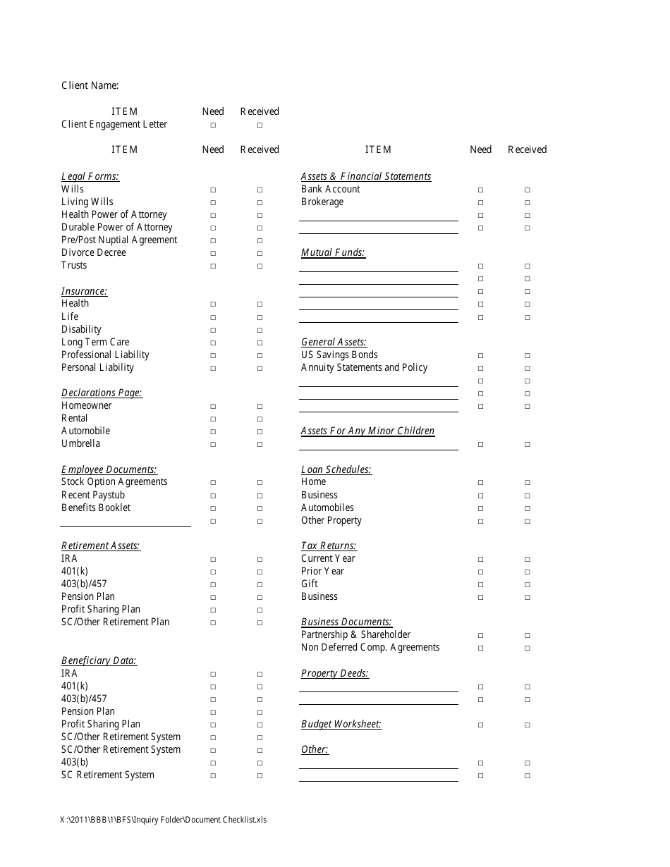 Document Checklist Template - South Carolina Preview Image