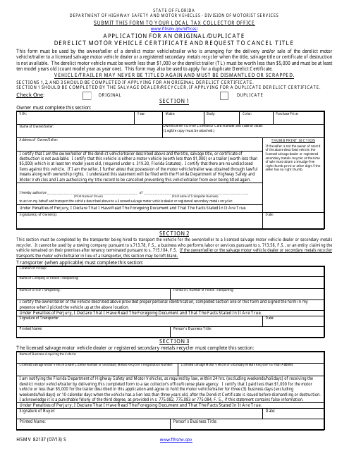 Form HSMV82137 Application for an Original/Duplicate Derelict Motor Vehicle Certificate and Request to Cancel Title - Florida