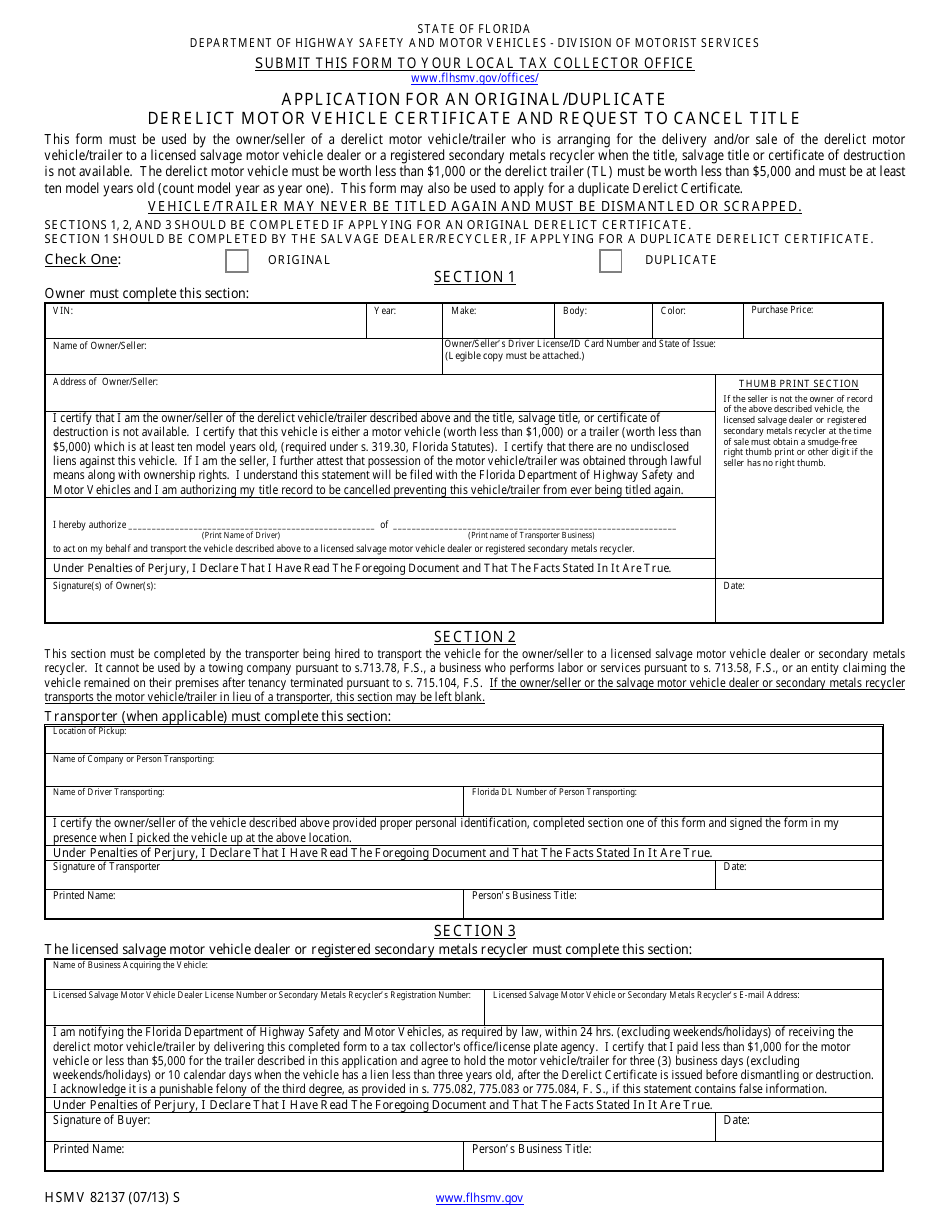 Form HSMV82137 Application for an Original / Duplicate Derelict Motor Vehicle Certificate and Request to Cancel Title - Florida, Page 1