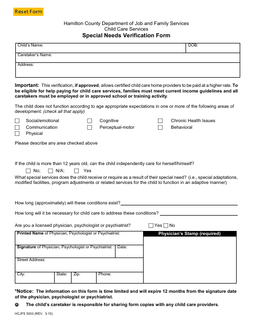 Form HCJFS3003 Special Needs Verification Form - Hamilton County, Ohio