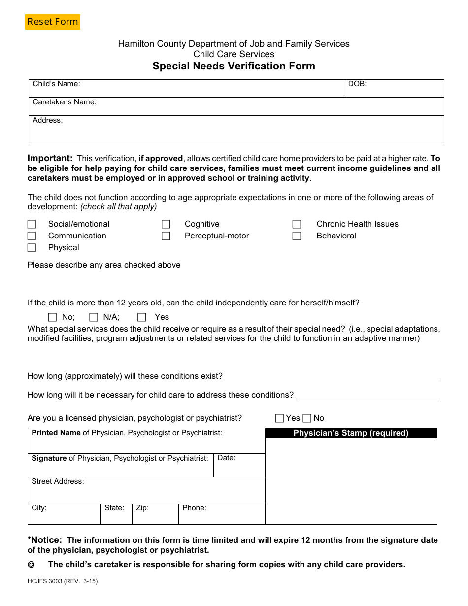 Form HCJFS3003 Special Needs Verification Form - Hamilton County, Ohio, Page 1