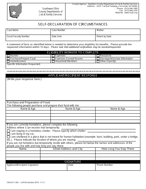 Form SWOJFS006 Self-declaration of Circumstances - Hamilton County, Ohio