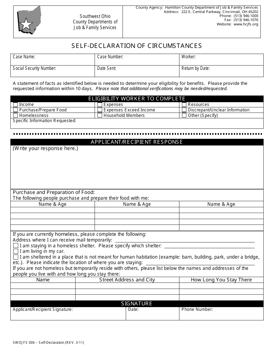 Form SWOJFS006 Self-declaration of Circumstances - Hamilton County, Ohio, Page 1