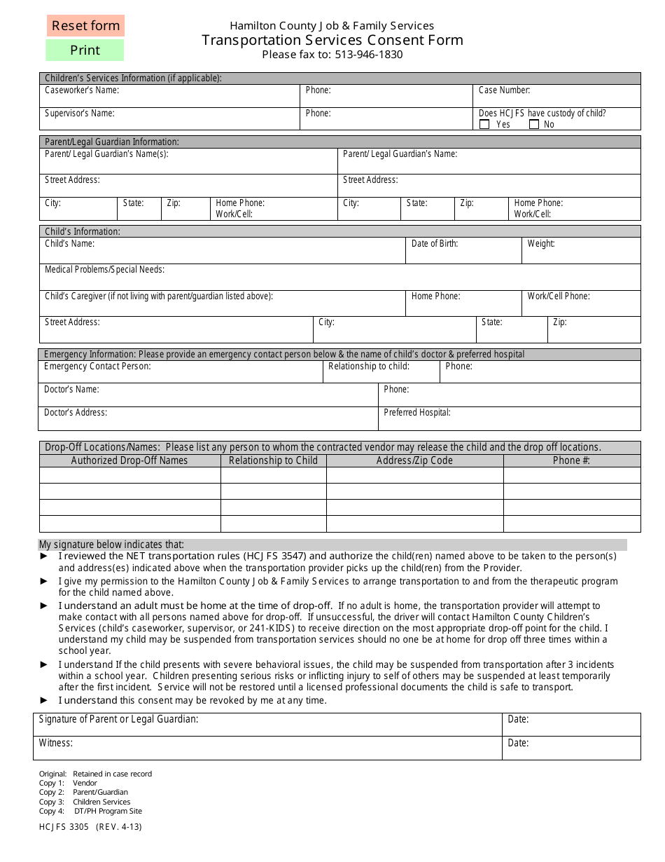 Form HCJFS3305 Transportation Services Consent Form - Hamilton County, Ohio, Page 1