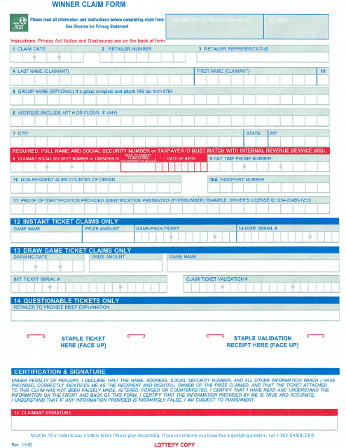 New Jersey Lottery Claim Form - New Jersey