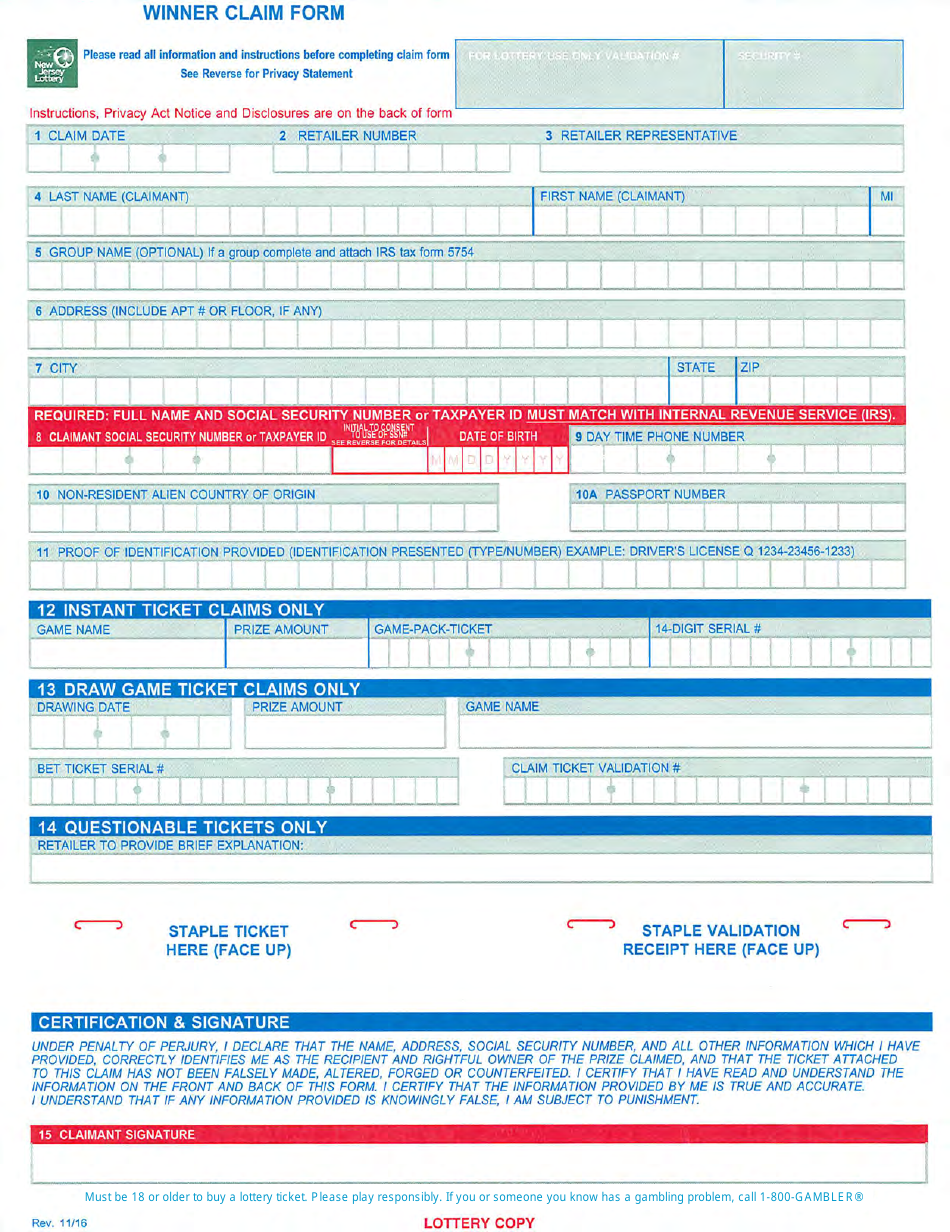 New Jersey Lottery Claim Form - New Jersey, Page 1