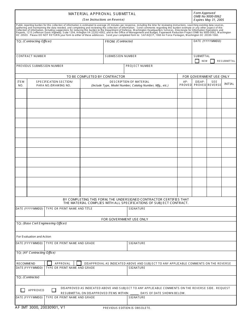 AF IMT Form 3000 Material Approval Submittal, Page 1