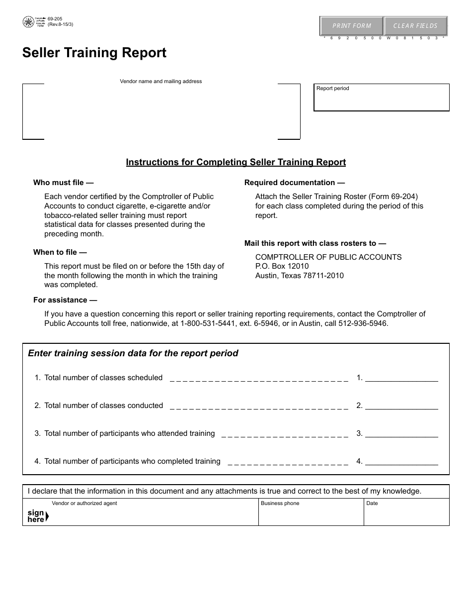 Form 69-205 Seller Training Report - Texas, Page 1