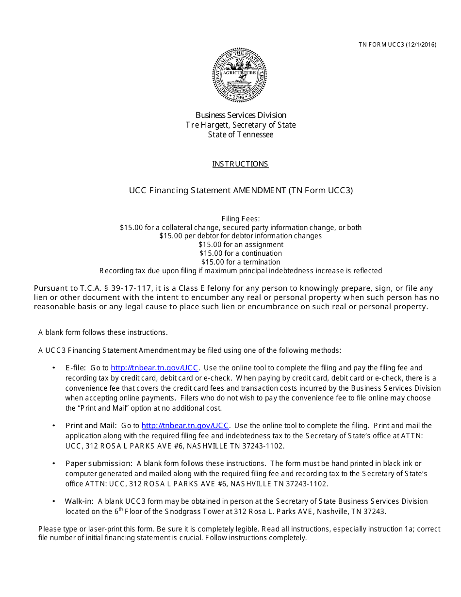 Form UCC3 Ucc Financing Statement Amendment - Tennessee, Page 1