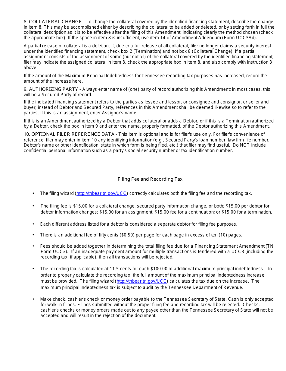 Form UCC3 Ucc Financing Statement Amendment - Tennessee, Page 3