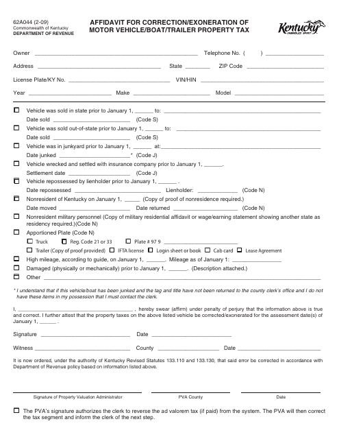 Form 62A044 Affidavit for Correction/Exoneration of Motor Vehicle/Boat/Trailer Property Tax - Kentucky