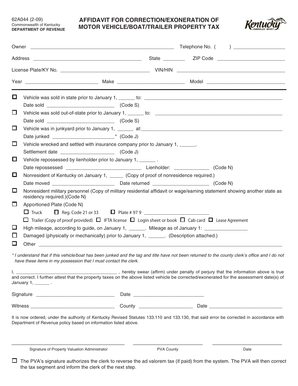 Form 62A044 Affidavit for Correction / Exoneration of Motor Vehicle / Boat / Trailer Property Tax - Kentucky, Page 1
