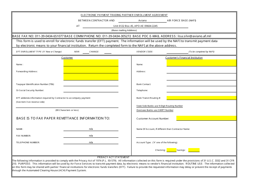 Electronic Payment Trading Partner Enrollment Agreement Form