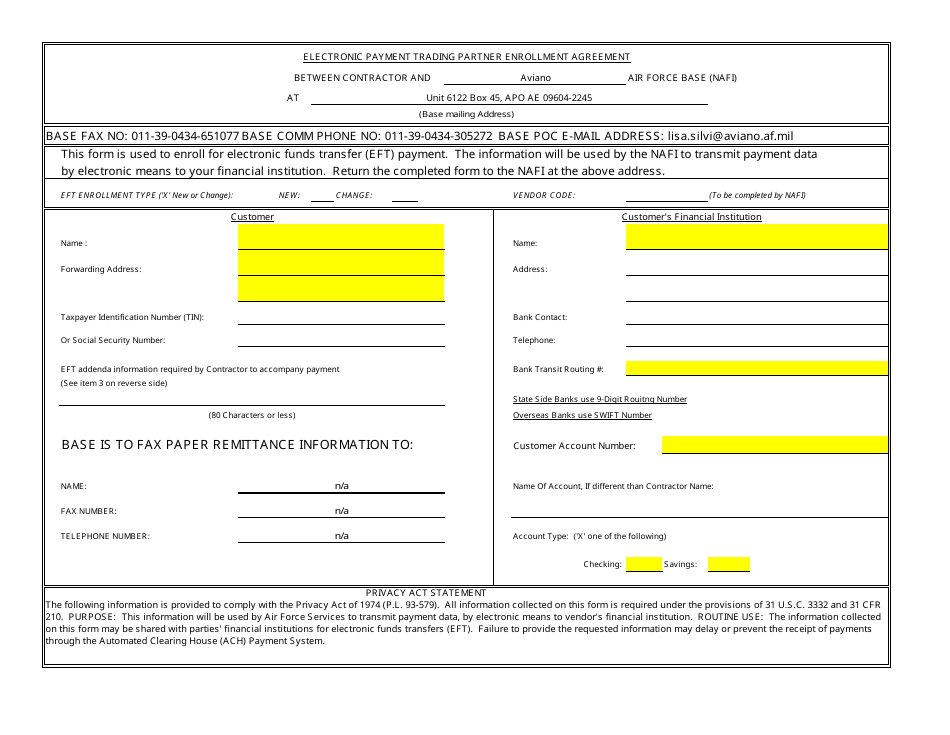 Electronic Payment Trading Partner Enrollment Agreement Form, Page 1