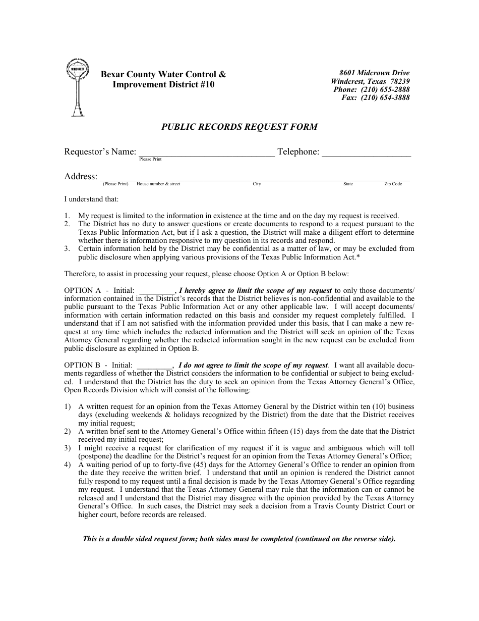 Public Information Request Form - Bexar County Wcid #10 - Bexar County, Texas, Page 1