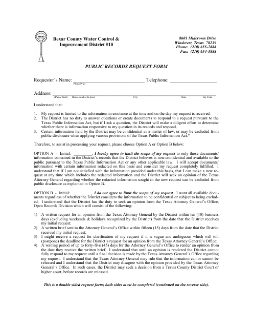 Public Information Request Form - Bexar County Wcid #10 - Bexar County, Texas