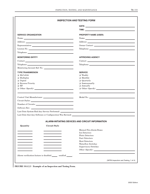 Inspection and Testing Form - National Fire Protection Association Download Pdf