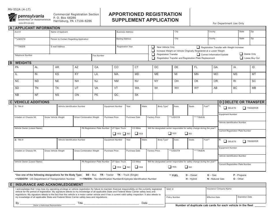 Form MV-552A Apportioned Registration Supplement Application - Pennsylvania, Page 1