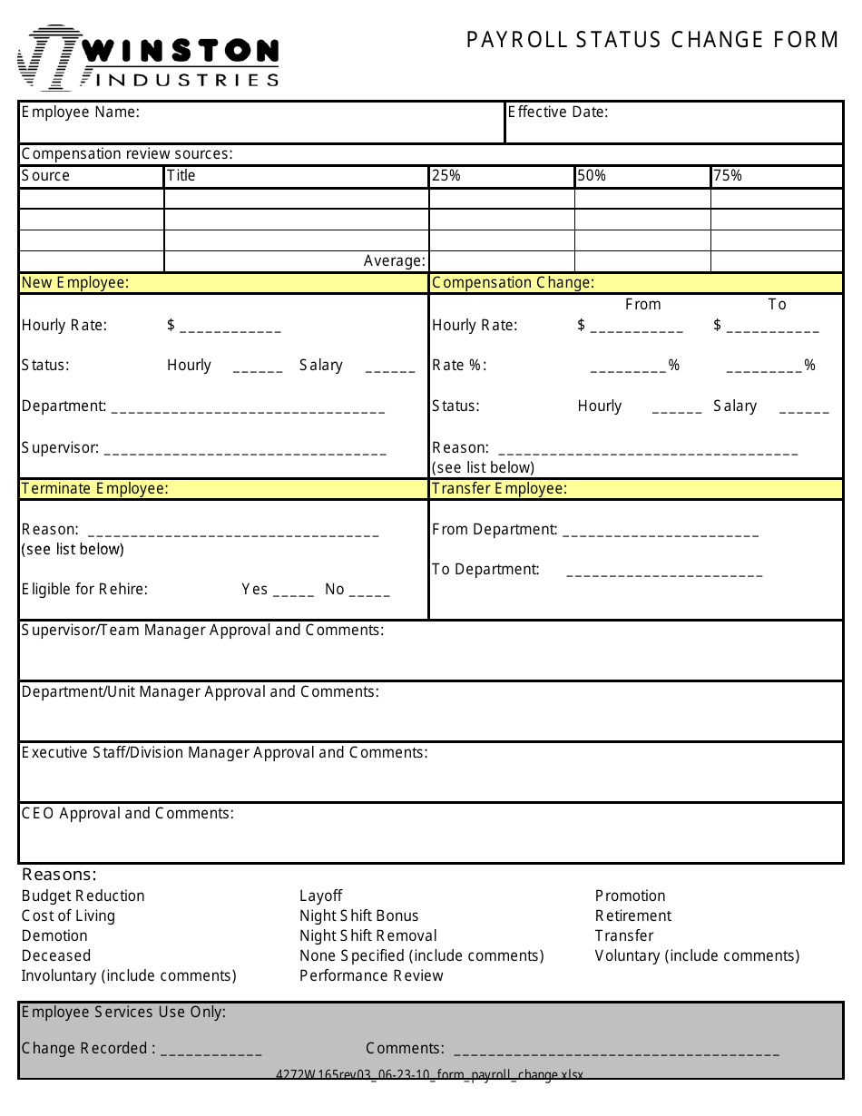 Payroll Status Change Form - Winston Industries, Page 1