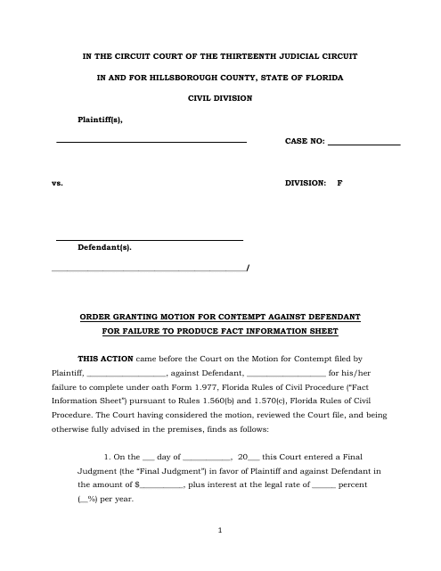 Order Granting Motion for Contempt Against Defendant for Failure to Produce Fact Information Sheet - Hillsborough County, Florida