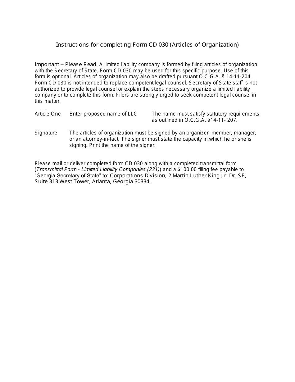 Form CD030 Articles of Organization - Georgia (United States), Page 1