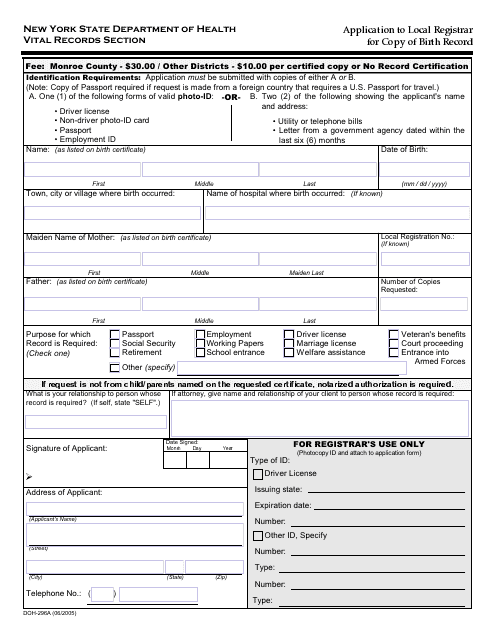 Form DOH-296A Application to Local Registrar for Copy of Birth Record - New York