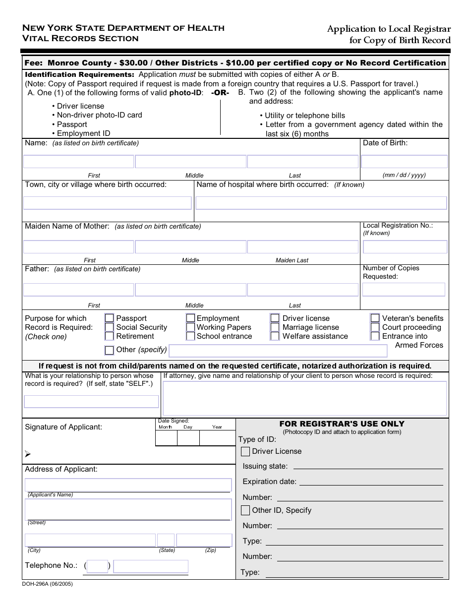 Form DOH-296A Application to Local Registrar for Copy of Birth Record - New York, Page 1