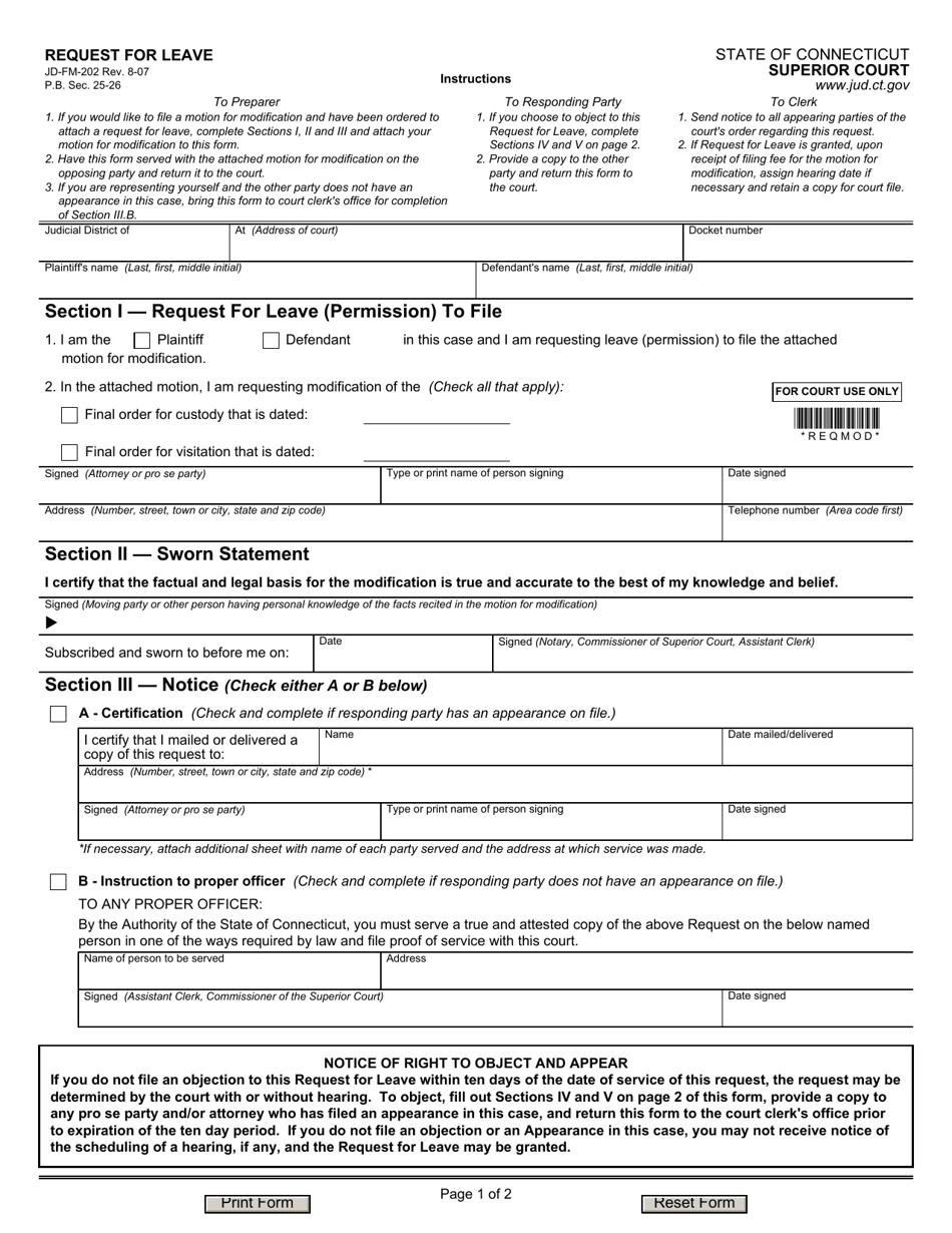 Form JD-FM-202 Request for Leave - Connecticut, Page 1