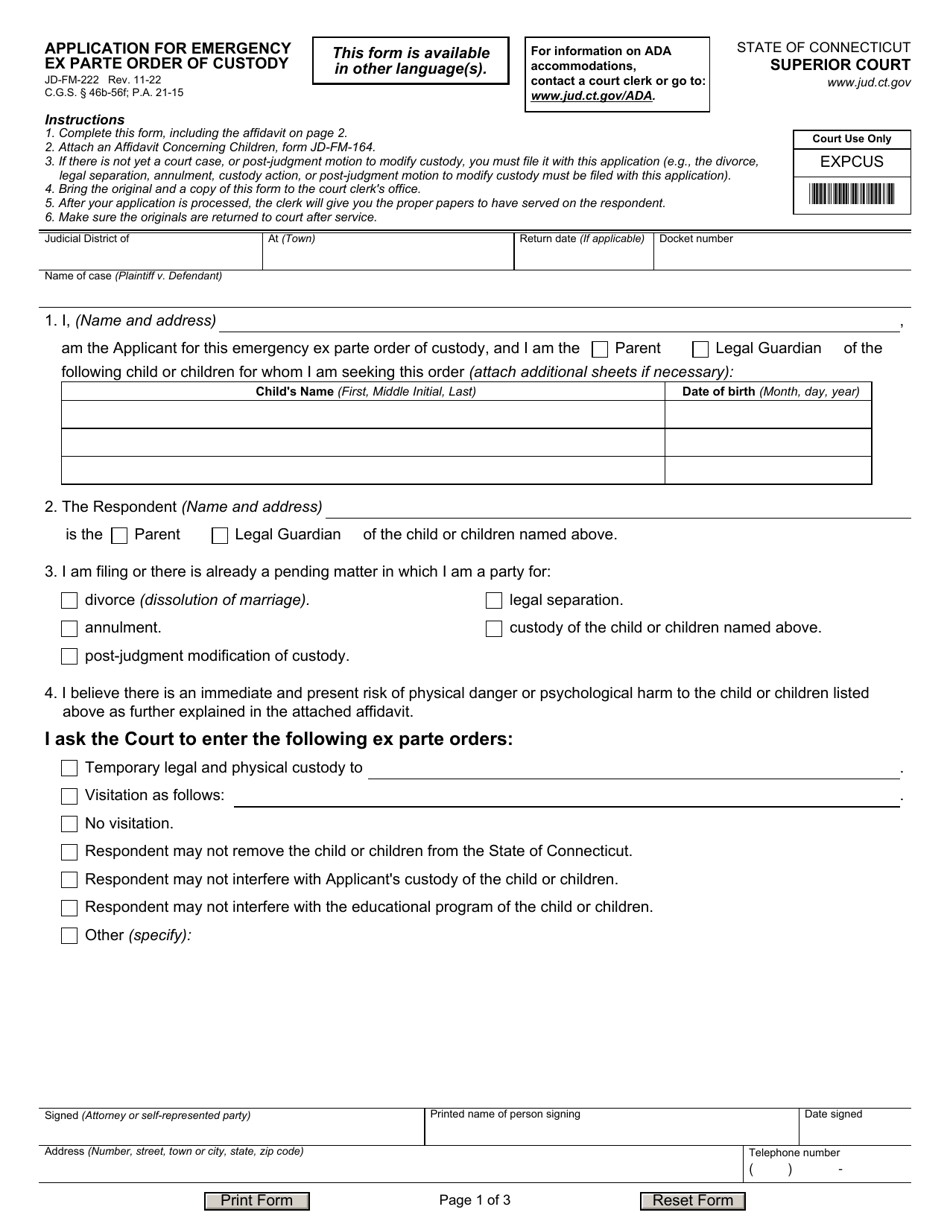 Form JD-FM-222 Application for Emergency Ex Parte Order of Custody - Connecticut, Page 1