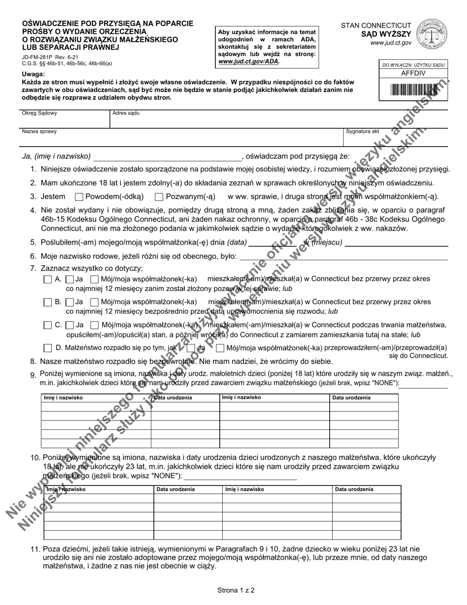 Form JD-FM-281P Affidavit in Support of Request for Entry of Judgment of Dissolution of Marriage or Legal Separation - Connecticut (Polish), Page 1