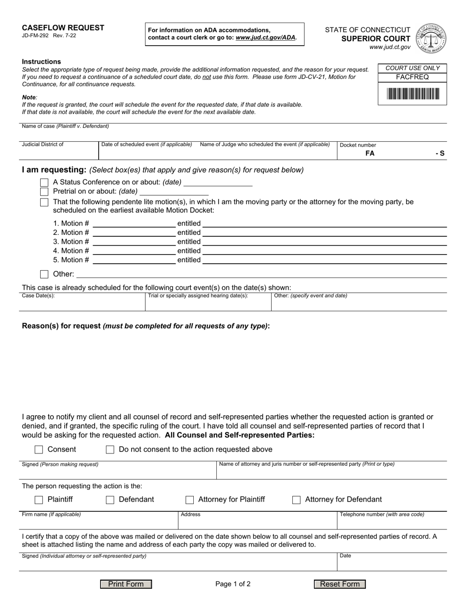 Form JD-FM-292 Caseflow Request - Connecticut, Page 1
