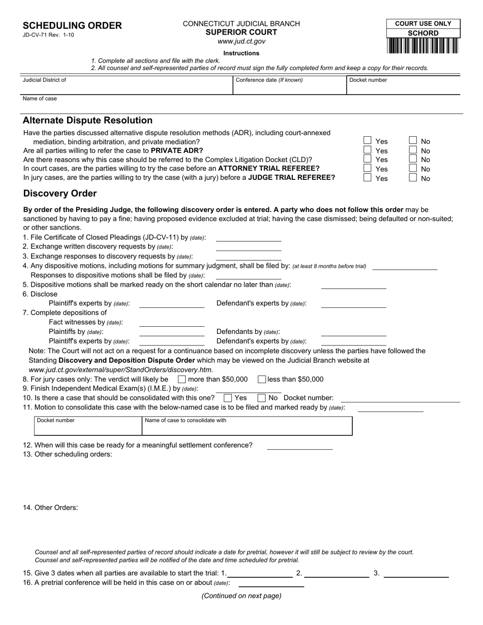 Form JD-CV-71 Scheduling Order - Connecticut, Page 1