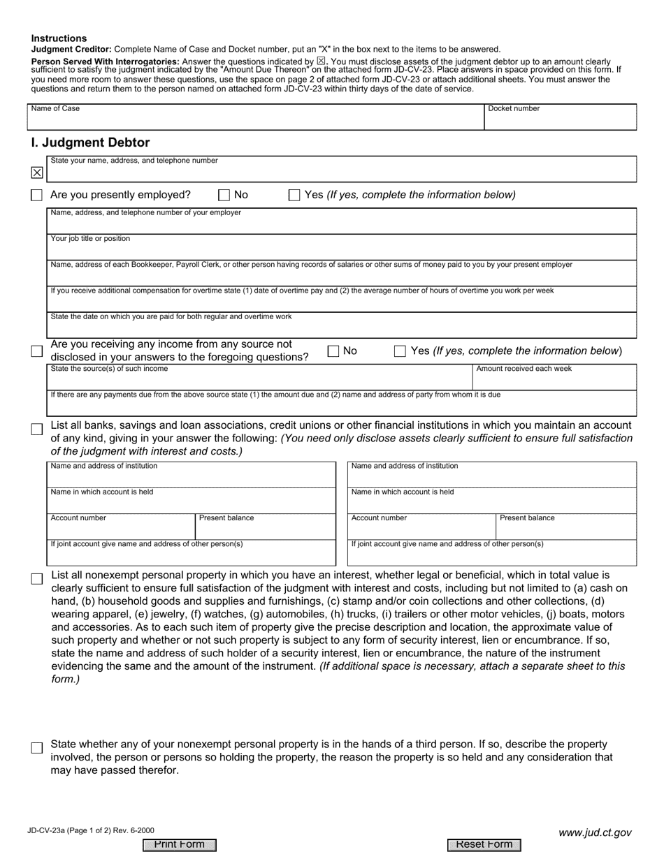 Form JD-CV-23A Interrogatories - Connecticut, Page 1